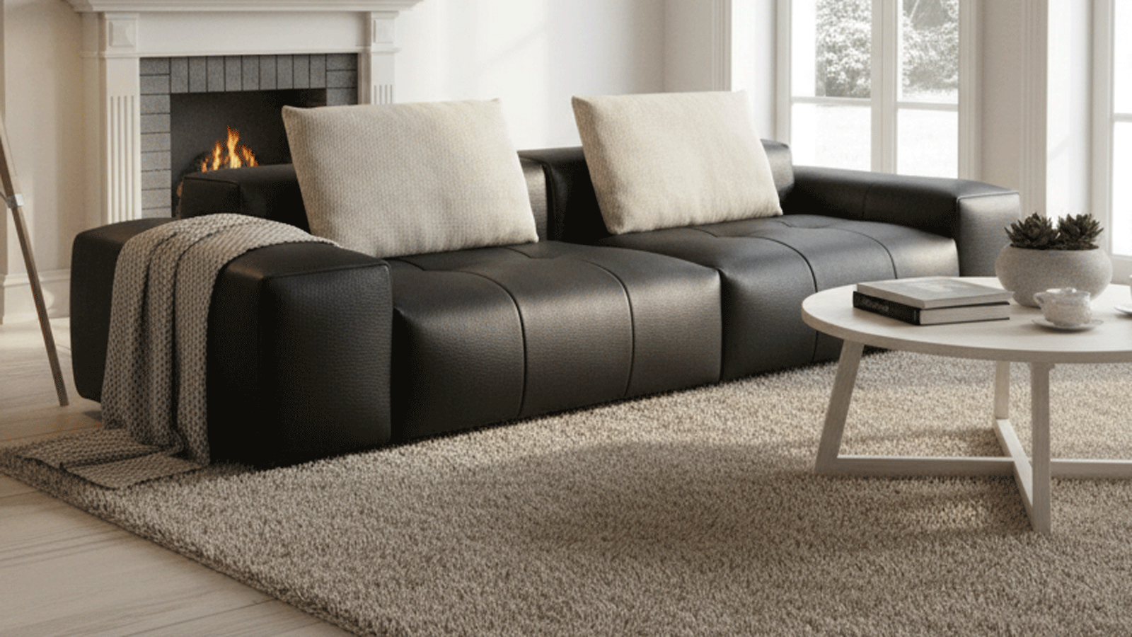 Anmytek Luxury Genuine Leather Sofa – Premium Black Leather Upholstery with Quilted Design, Plush Cushions, and Modern Frame – Comfortable and Elegant Living Room Furniture