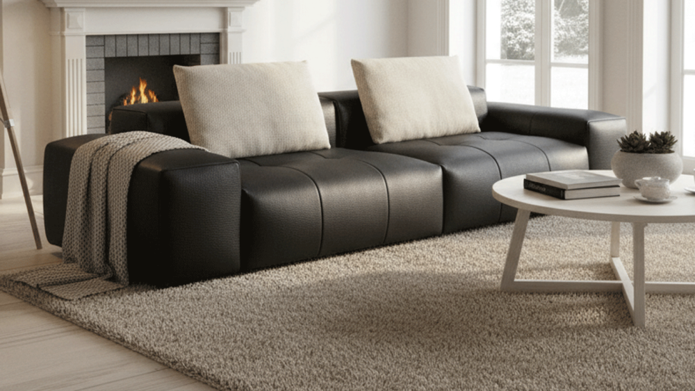 Anmytek Luxury Genuine Leather Sofa – Premium Black Leather Upholstery with Quilted Design, Plush Cushions, and Modern Frame – Comfortable and Elegant Living Room Furniture