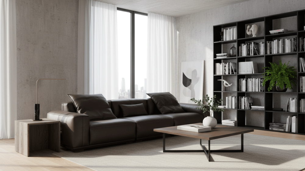 Anmytek Luxury Genuine Leather Sofa – Premium Dark Brown Leather Upholstery with Plush Cushions and Modern Design – Perfect for Elegant Living Spaces