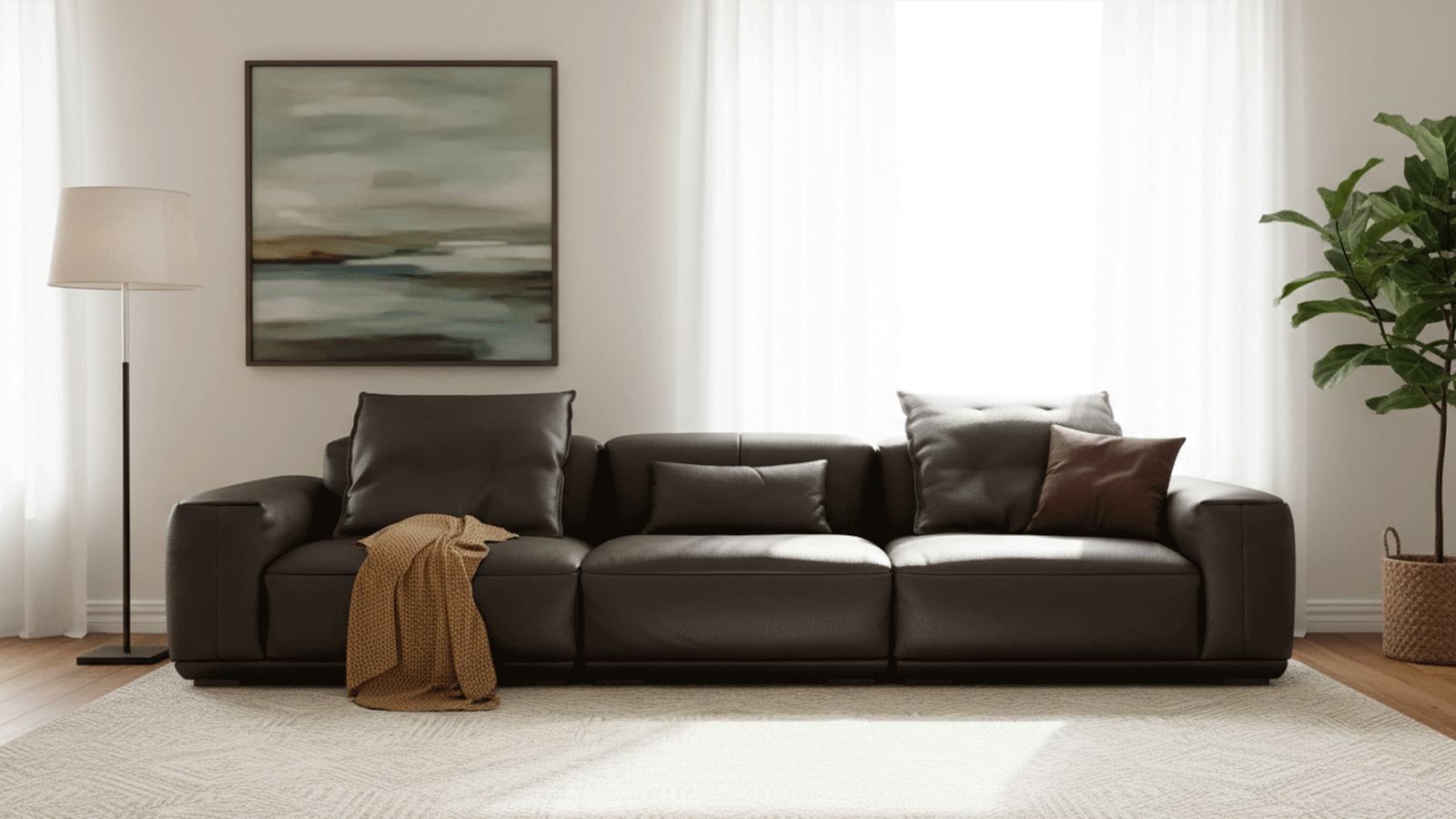 Anmytek Luxury Genuine Leather Sofa – Premium Dark Brown Leather Upholstery with Plush Cushions and Modern Design – Perfect for Elegant Living Spaces
