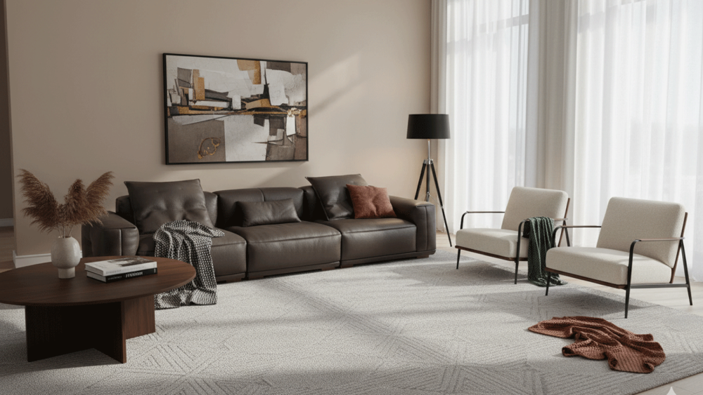 Anmytek Luxury Genuine Leather Sofa – Premium Dark Brown Leather Upholstery with Plush Cushions and Modern Design – Perfect for Elegant Living Spaces