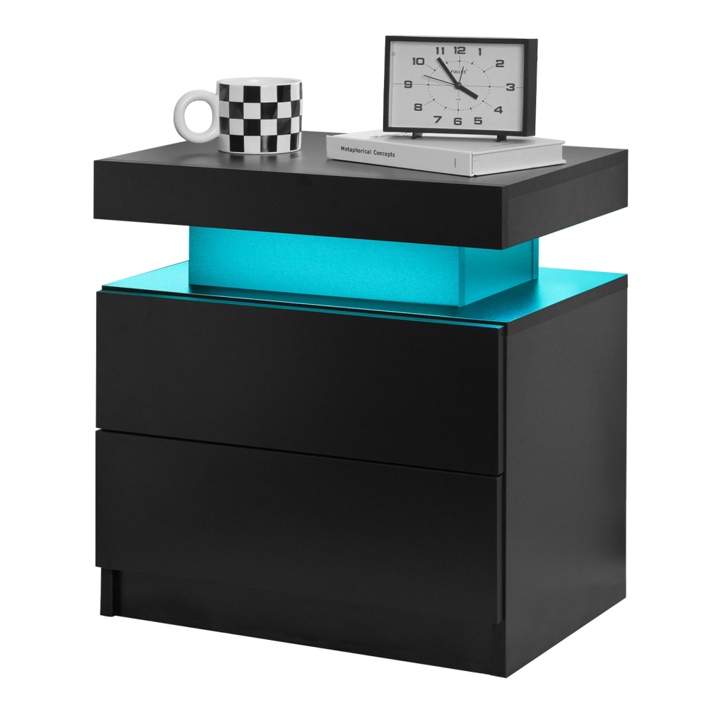 Anmytek Modern LED Nightstand 2 Drawers Bedside End Side Storage Cabinet Black for Bedroom