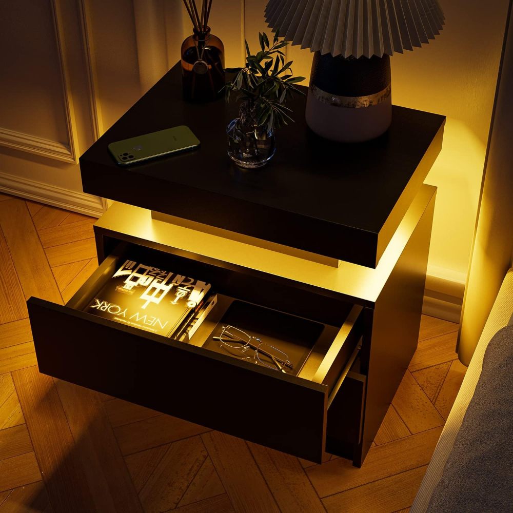 Anmytek Modern LED Nightstand 2 Drawers Bedside End Side Storage Cabinet Black for Bedroom