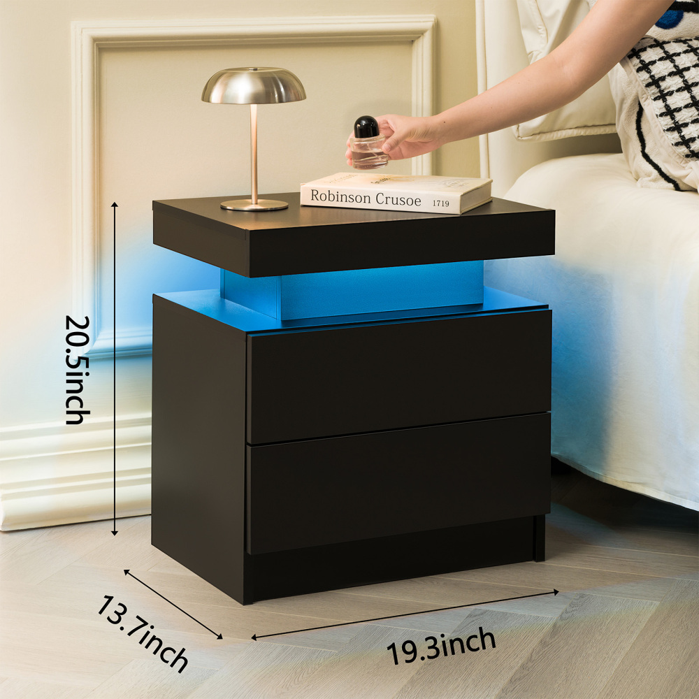 Anmytek Modern LED Nightstand 2 Drawers Bedside End Side Storage Cabinet Black for Bedroom
