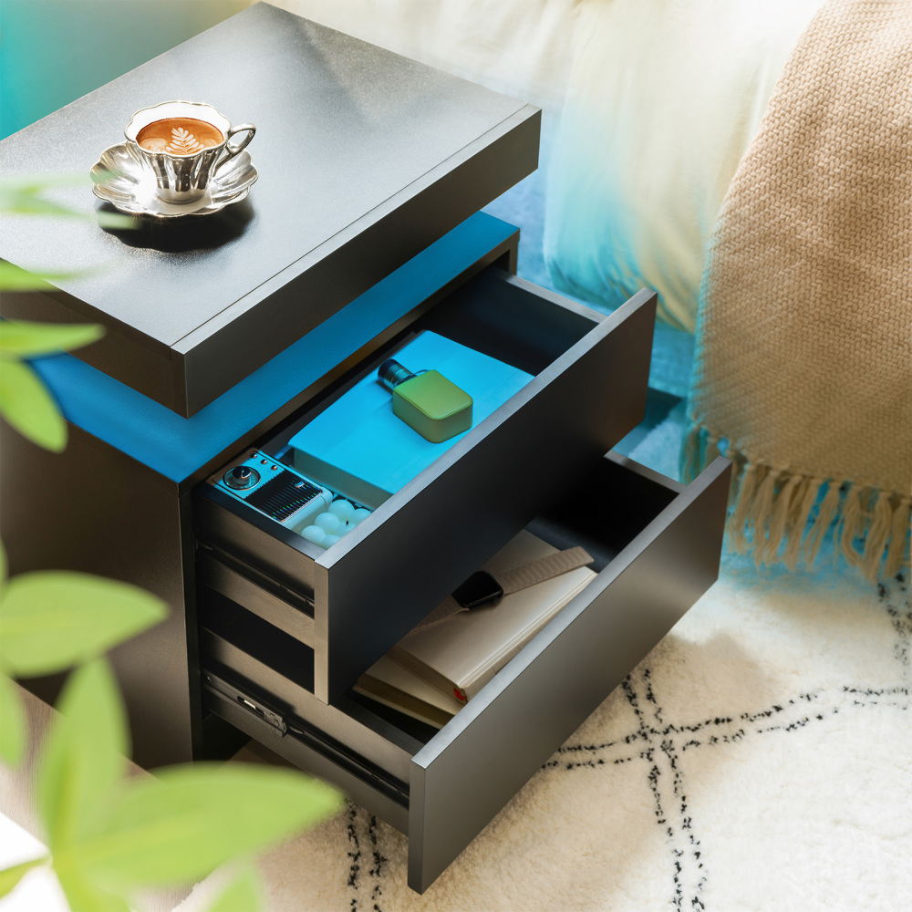 Anmytek Modern LED Nightstand 2 Drawers Bedside End Side Storage Cabinet Black for Bedroom