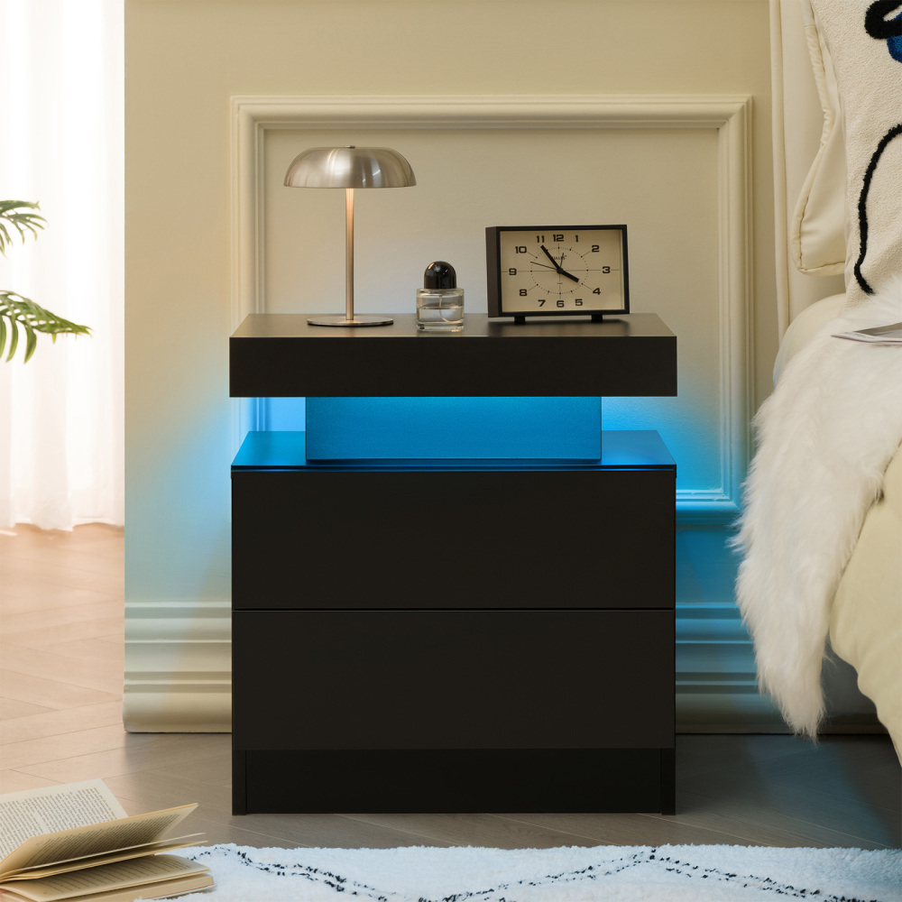 Anmytek Modern LED Nightstand 2 Drawers Bedside End Side Storage Cabinet Black for Bedroom