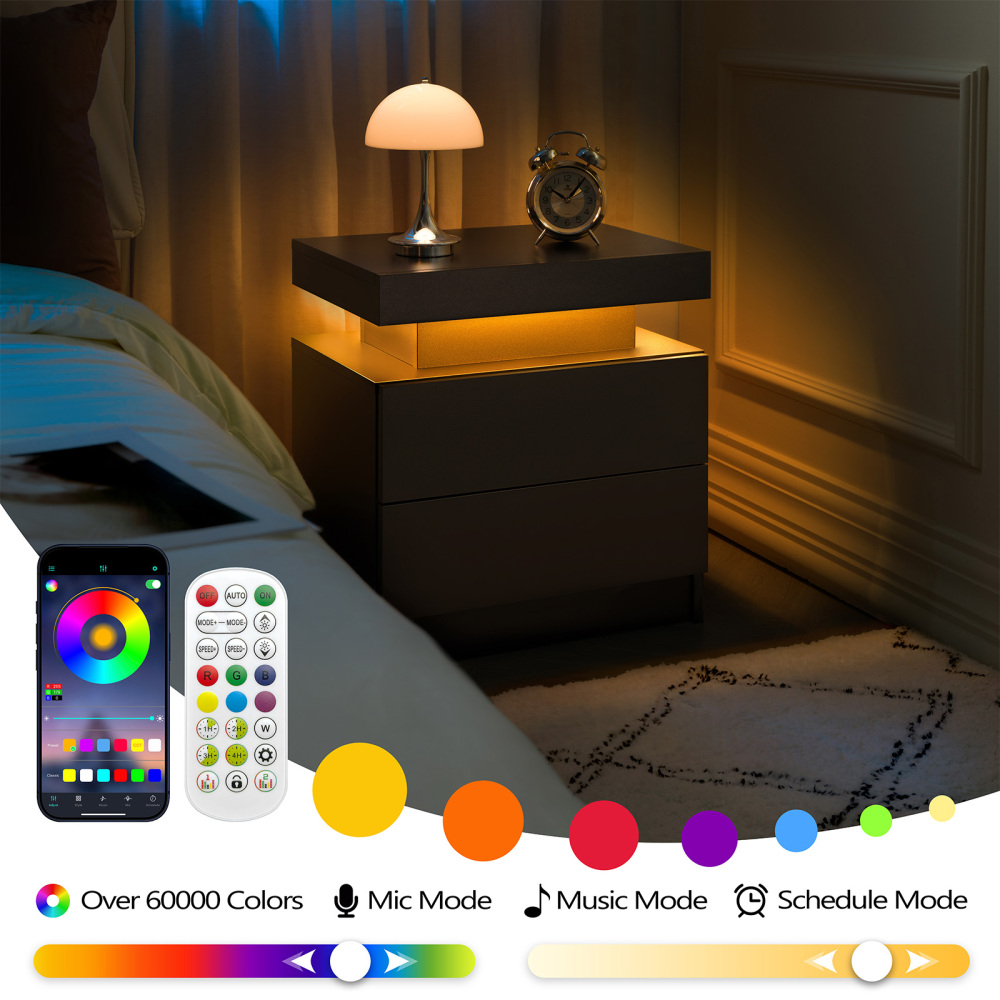 Anmytek Modern LED Nightstand 2 Drawers Bedside End Side Storage Cabinet Black for Bedroom