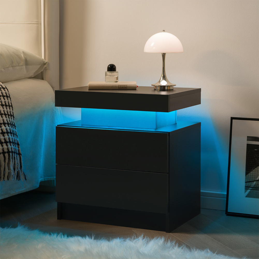 Anmytek Modern LED Nightstand 2 Drawers Bedside End Side Storage Cabinet Black for Bedroom