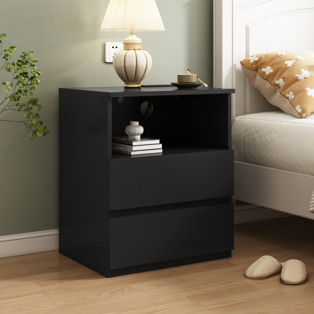 Anmytek Set of 2 Modern End Table With USB C Charging Station Wooden Sofa Side Table With 2 Drawers Large Storage Cabinet For Living Room Bedroom Office Black