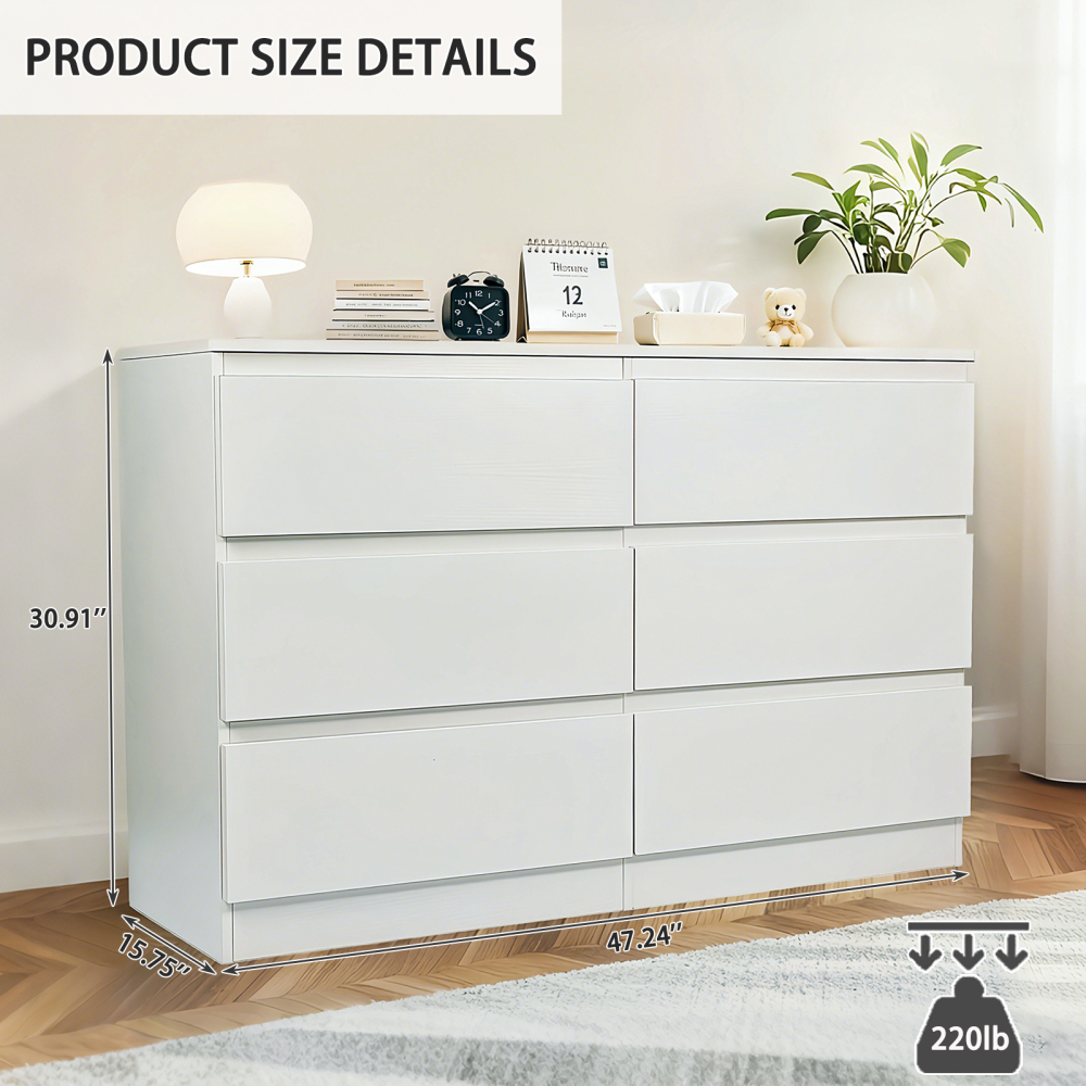 Anmytek White 6 Drawer Modern Dresser Wood Storage Chest With Concealed Handles Spacious Countertop For Bedroom Living Room Entryway 15.7 D x 47.2 W x 30.9 H