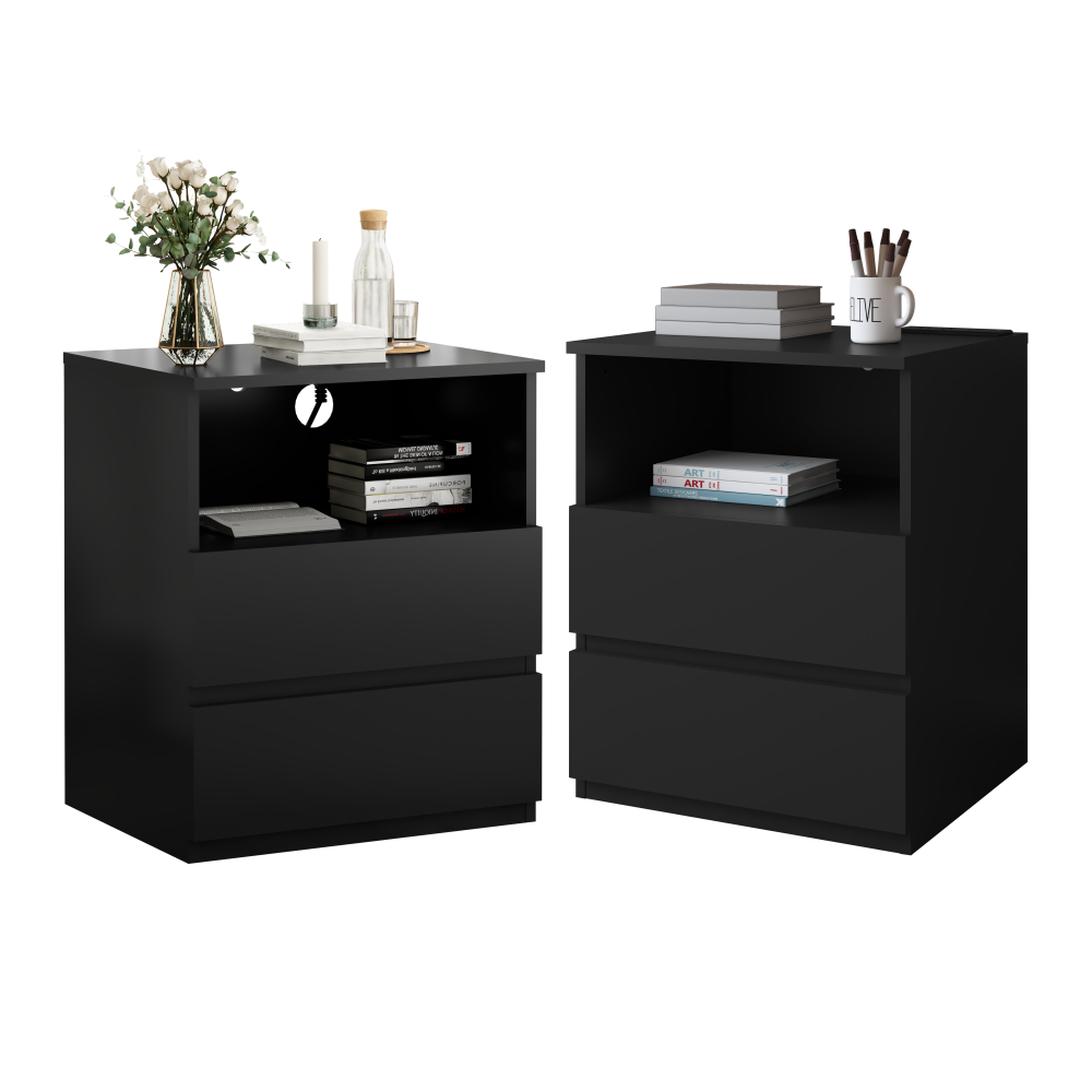 Anmytek Set of 2 Modern End Table With USB C Charging Station Wooden Sofa Side Table With 2 Drawers Large Storage Cabinet For Living Room Bedroom Office Black