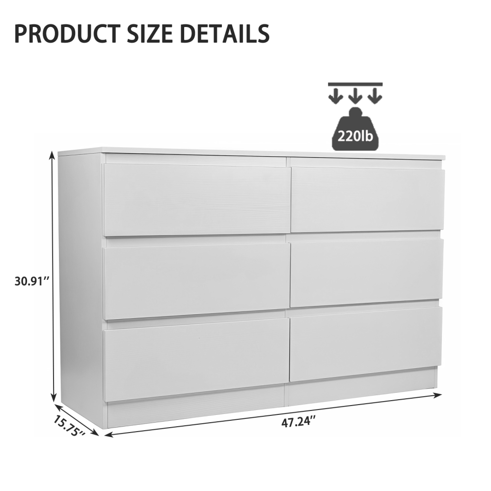 Anmytek White 6 Drawer Modern Dresser Wood Storage Chest With Concealed Handles Spacious Countertop For Bedroom Living Room Entryway 15.7 D x 47.2 W x 30.9 H