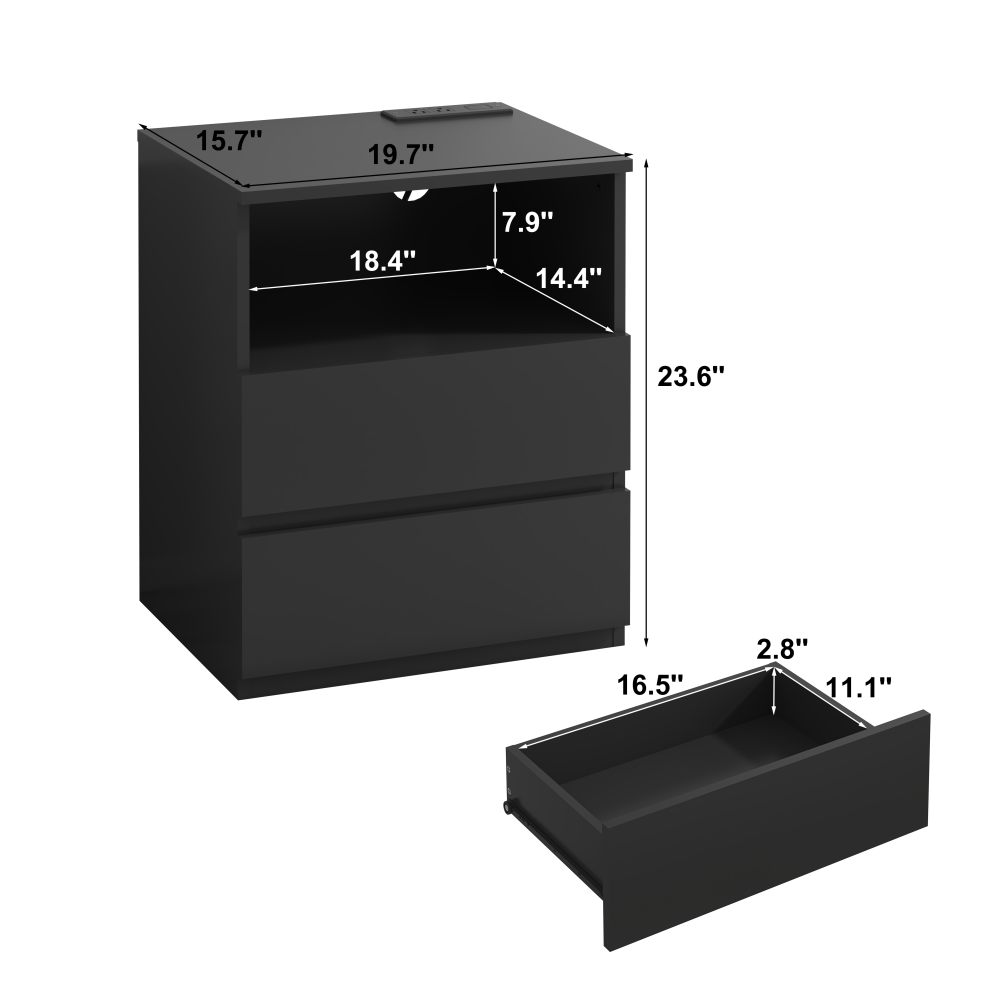 Anmytek Set of 2 Modern End Table With USB C Charging Station Wooden Sofa Side Table With 2 Drawers Large Storage Cabinet For Living Room Bedroom Office Black