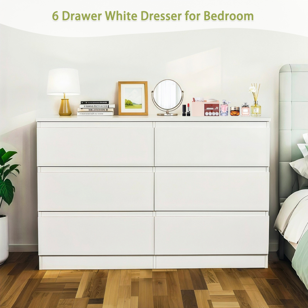 Anmytek White 6 Drawer Modern Dresser Wood Storage Chest With Concealed Handles Spacious Countertop For Bedroom Living Room Entryway 15.7 D x 47.2 W x 30.9 H