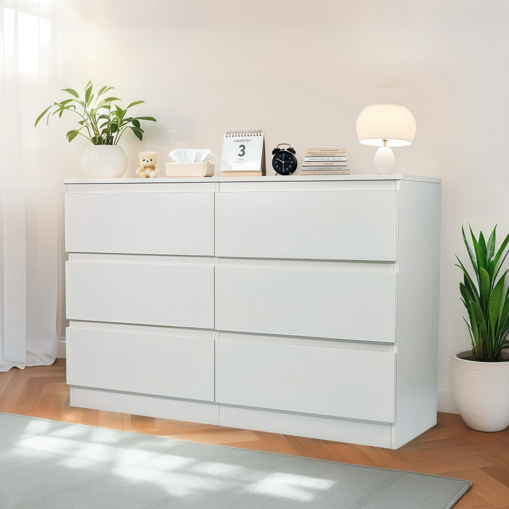 Anmytek White 6 Drawer Modern Dresser Wood Storage Chest With Concealed Handles Spacious Countertop For Bedroom Living Room Entryway 15.7 D x 47.2 W x 30.9 H