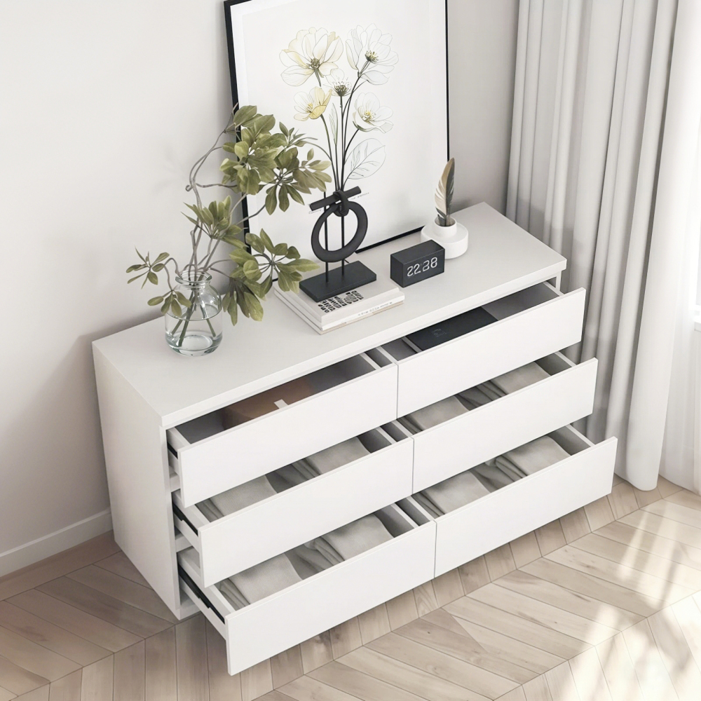 Anmytek White 6 Drawer Modern Dresser Wood Storage Chest With Concealed Handles Spacious Countertop For Bedroom Living Room Entryway 15.7 D x 47.2 W x 30.9 H