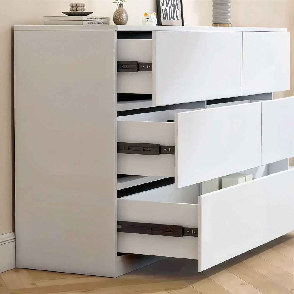 Anmytek White 6 Drawer Modern Dresser Wood Storage Chest With Concealed Handles Spacious Countertop For Bedroom Living Room Entryway 15.7 D x 47.2 W x 30.9 H