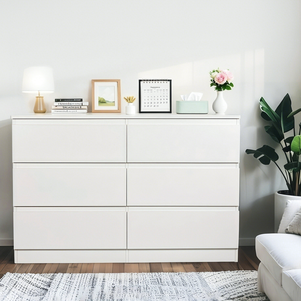 Anmytek White 6 Drawer Modern Dresser Wood Storage Chest With Concealed Handles Spacious Countertop For Bedroom Living Room Entryway 15.7 D x 47.2 W x 30.9 H