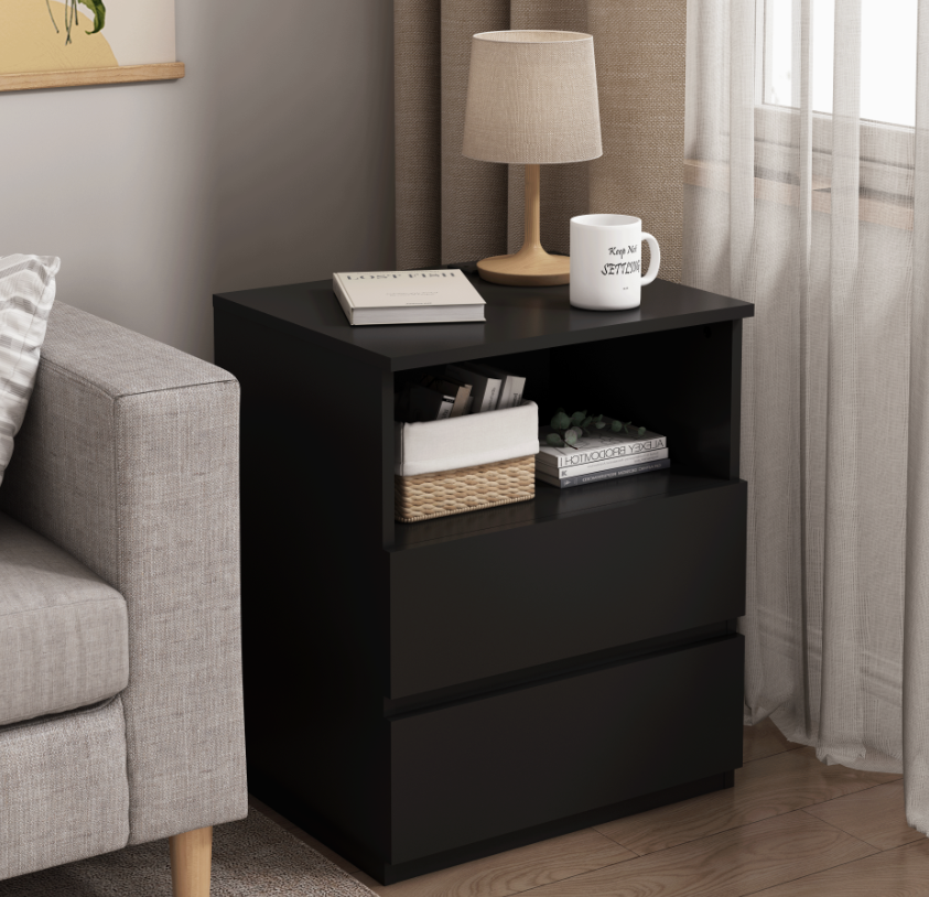 Anmytek Set of 2 Modern End Table With USB C Charging Station Wooden Sofa Side Table With 2 Drawers Large Storage Cabinet For Living Room Bedroom Office Black