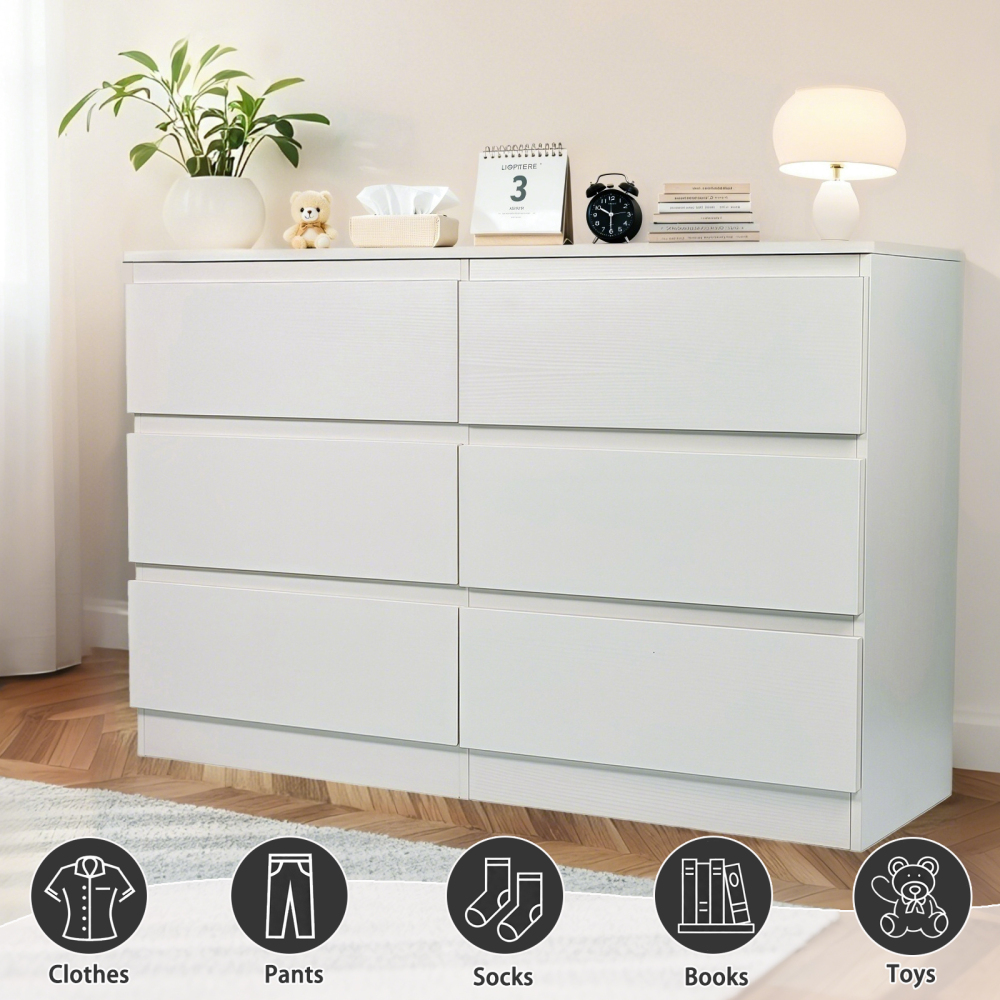 Anmytek White 6 Drawer Modern Dresser Wood Storage Chest With Concealed Handles Spacious Countertop For Bedroom Living Room Entryway 15.7 D x 47.2 W x 30.9 H