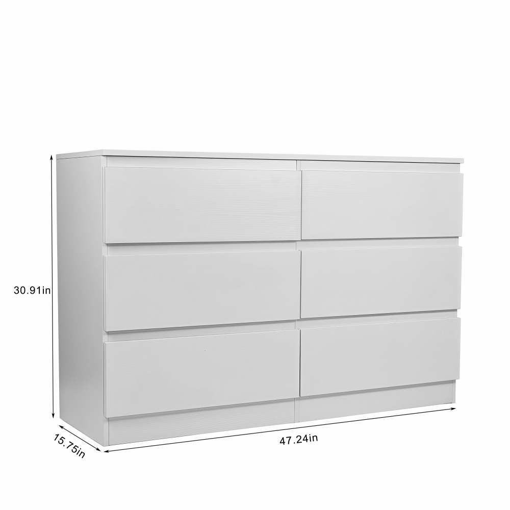 Anmytek White 6 Drawer Modern Dresser Wood Storage Chest With Concealed Handles Spacious Countertop For Bedroom Living Room Entryway 15.7 D x 47.2 W x 30.9 H