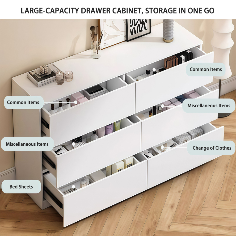 Anmytek White 6 Drawer Modern Dresser Wood Storage Chest With Concealed Handles Spacious Countertop For Bedroom Living Room Entryway 15.7 D x 47.2 W x 30.9 H