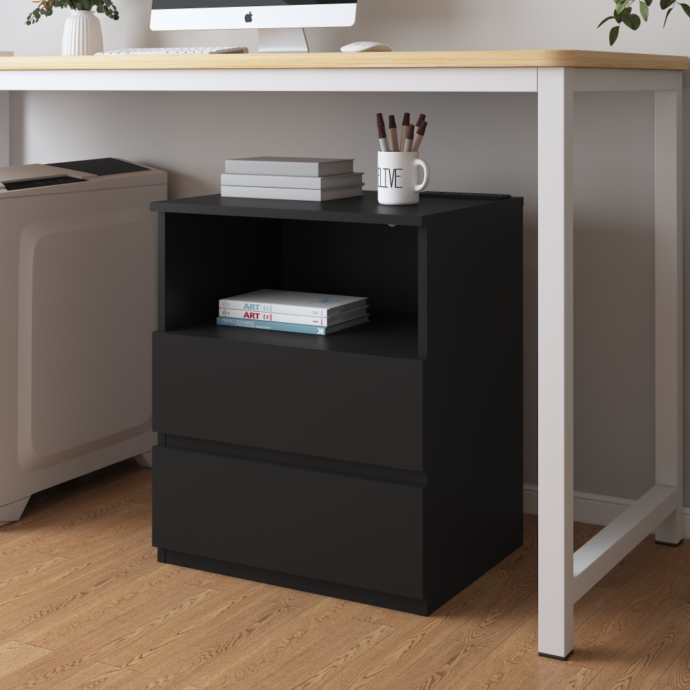 Anmytek Set of 2 Modern End Table With USB C Charging Station Wooden Sofa Side Table With 2 Drawers Large Storage Cabinet For Living Room Bedroom Office Black