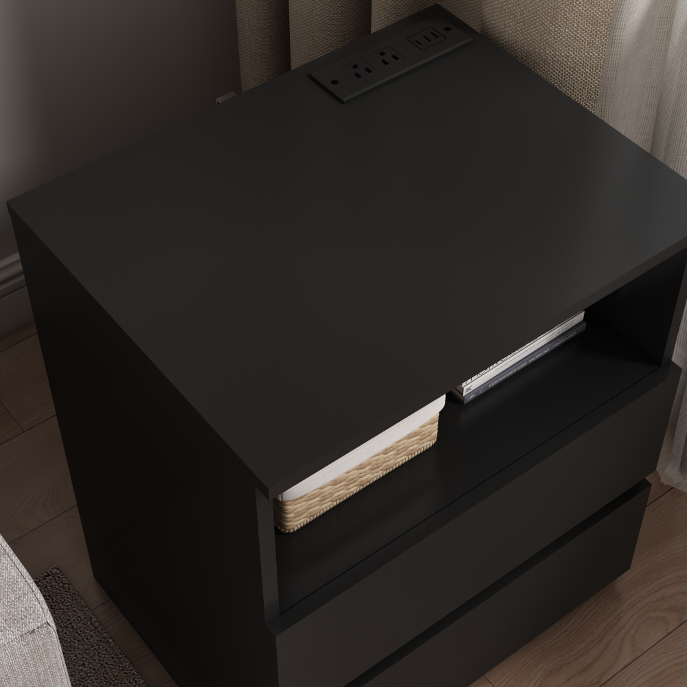 Anmytek Set of 2 Modern End Table With USB C Charging Station Wooden Sofa Side Table With 2 Drawers Large Storage Cabinet For Living Room Bedroom Office Black