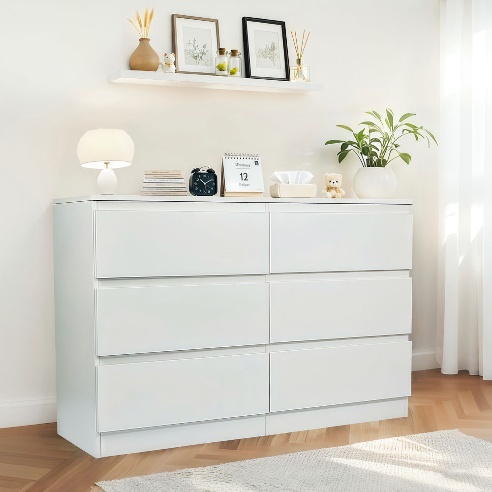 Anmytek White 6 Drawer Modern Dresser Wood Storage Chest With Concealed Handles Spacious Countertop For Bedroom Living Room Entryway 15.7 D x 47.2 W x 30.9 H