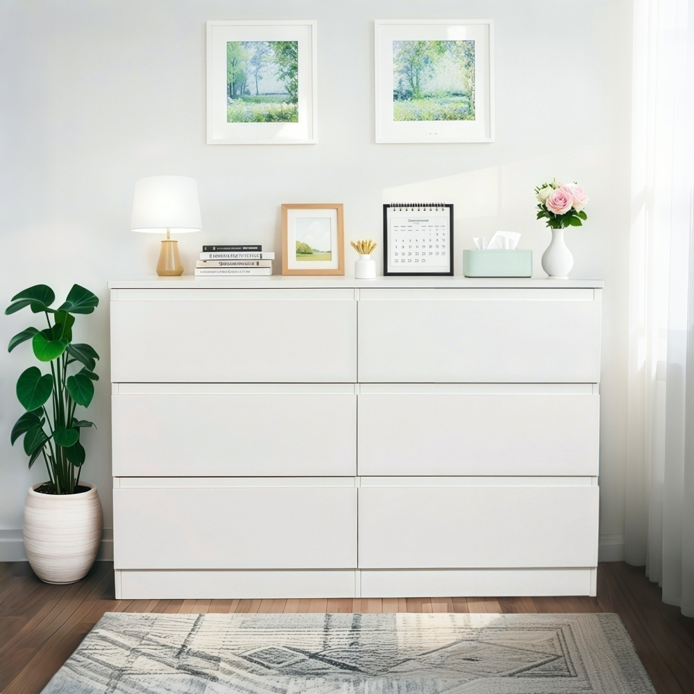 Anmytek White 6 Drawer Modern Dresser Wood Storage Chest With Concealed Handles Spacious Countertop For Bedroom Living Room Entryway 15.7 D x 47.2 W x 30.9 H