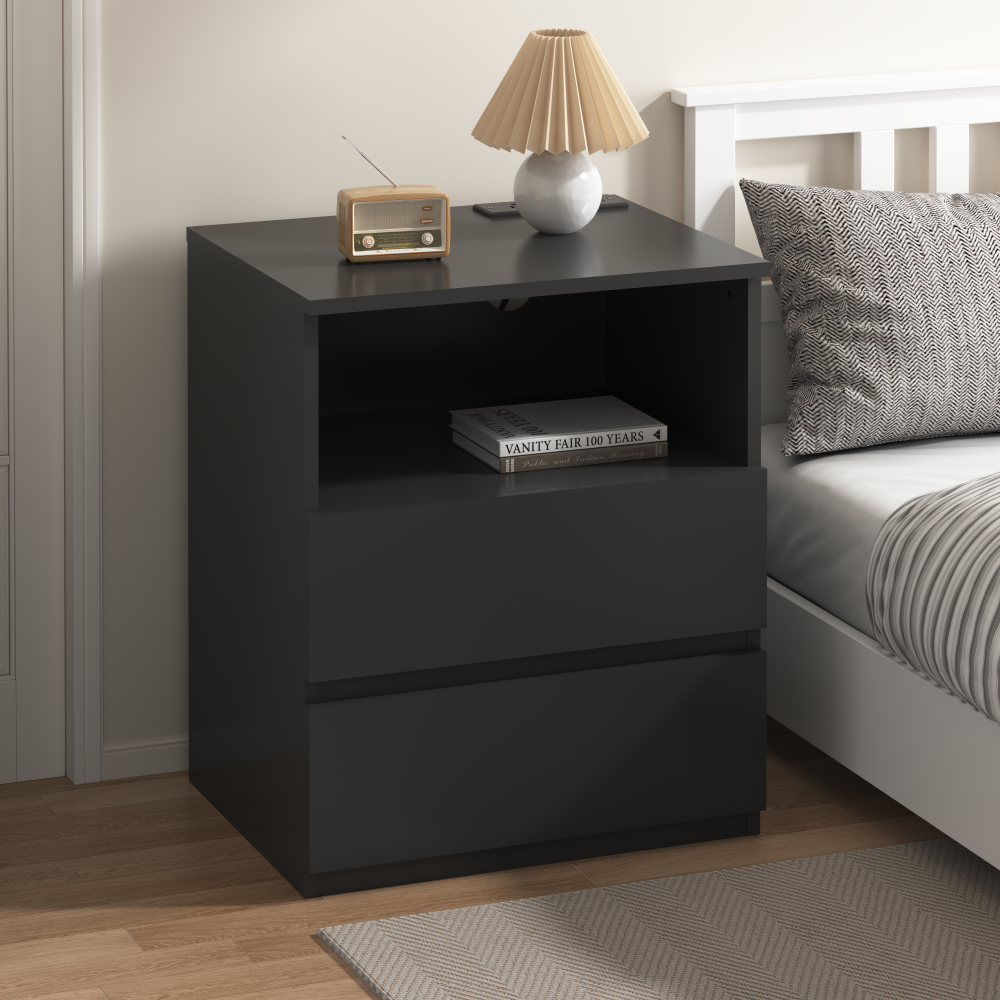Anmytek Set of 2 Modern End Table With USB C Charging Station Wooden Sofa Side Table With 2 Drawers Large Storage Cabinet For Living Room Bedroom Office Black