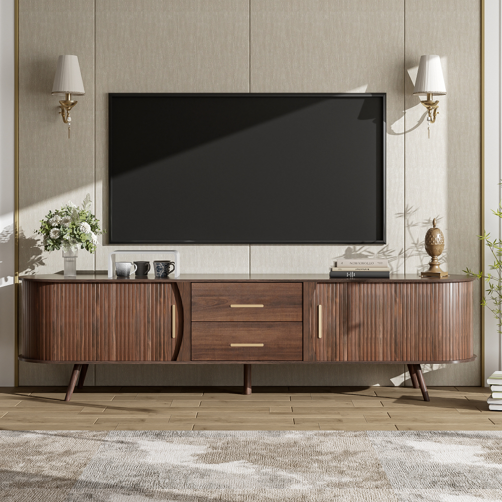 Anmytek Mid Century Modern TV Stand for 80 Inch TV Entertainment Center Media Console Table with 2 Drawers Storage for Living Room Bedroom
