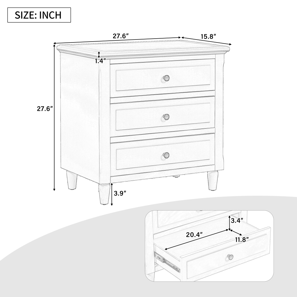 Anmytek 28 Inch Painted Nightstand with 3 Drawers Smooth Gliding Rails Metal Handle Minimalist Bedside Cabinet Rubber Legs Sofa Side Table for Bedroom Sofa Couch Office