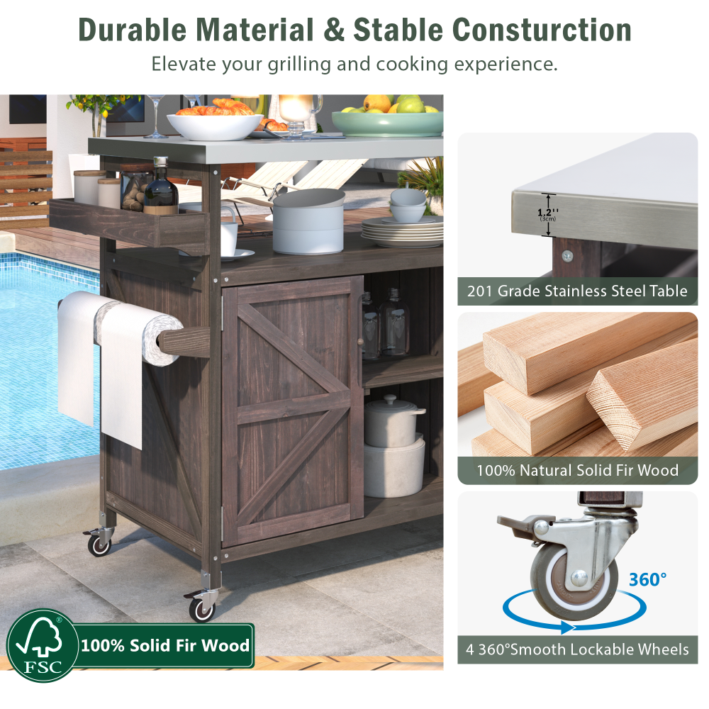 Anmytek Outdoor Kitchen Island Rolling Bar Cart Storage Cabinet Farmhouse Solid Wood Grill Table with Stainless Steel Top Spice Rack Towel Rack for Kitchen Backyard Barbecue Dark Brown