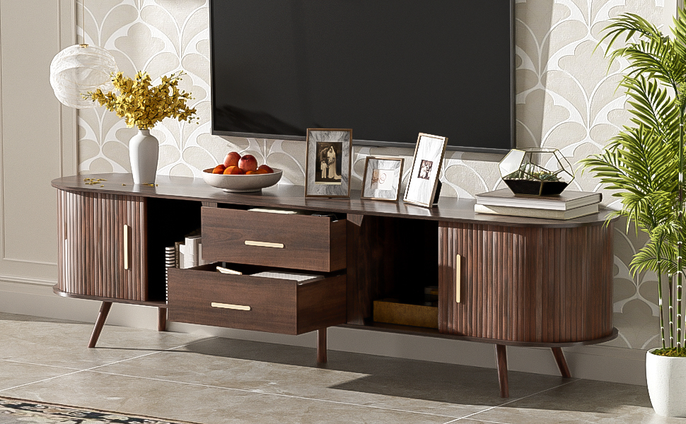 Anmytek Mid Century Modern TV Stand for 80 Inch TV Entertainment Center Media Console Table with 2 Drawers Storage for Living Room Bedroom