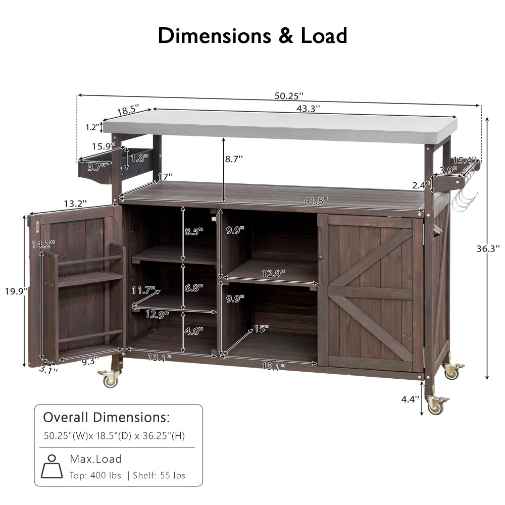 Anmytek Outdoor Kitchen Island Rolling Bar Cart Storage Cabinet Farmhouse Solid Wood Grill Table with Stainless Steel Top Spice Rack Towel Rack for Kitchen Backyard Barbecue Dark Brown