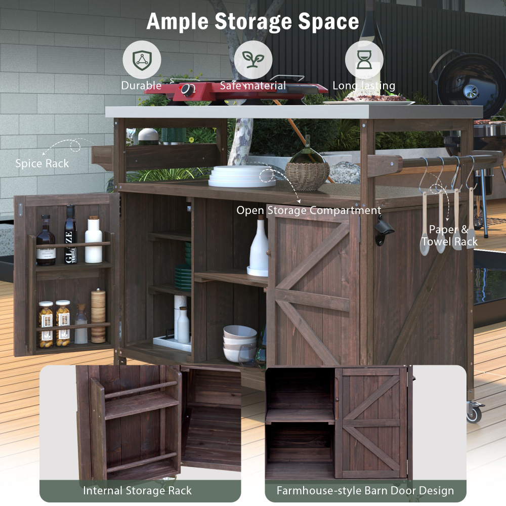 Anmytek Outdoor Kitchen Island Rolling Bar Cart Storage Cabinet Farmhouse Solid Wood Grill Table with Stainless Steel Top Spice Rack Towel Rack for Kitchen Backyard Barbecue Dark Brown
