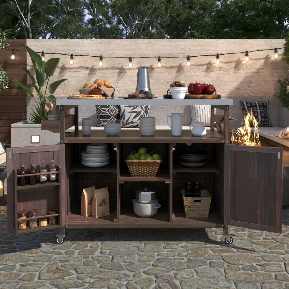Anmytek Outdoor Kitchen Island Rolling Bar Cart Storage Cabinet Farmhouse Solid Wood Grill Table with Stainless Steel Top Spice Rack Towel Rack for Kitchen Backyard Barbecue Dark Brown
