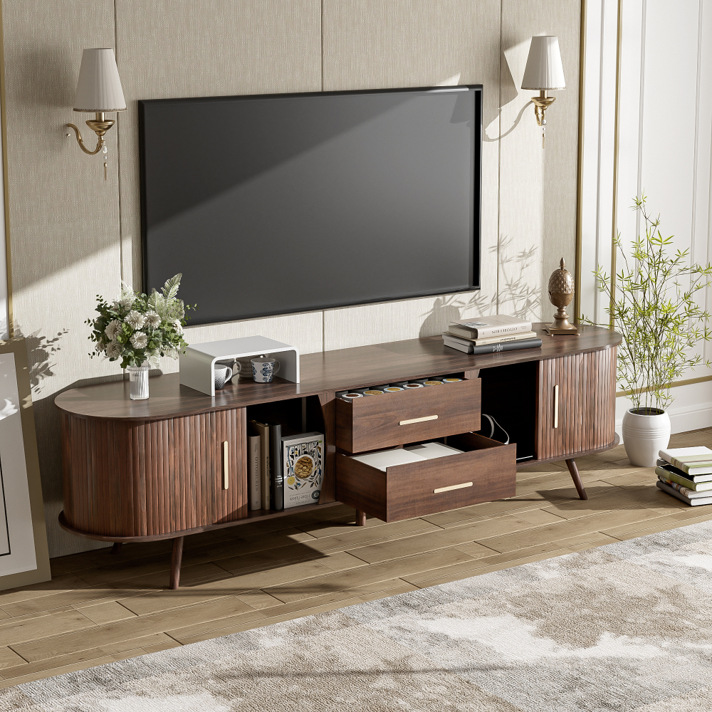 Anmytek Mid Century Modern TV Stand for 80 Inch TV Entertainment Center Media Console Table with 2 Drawers Storage for Living Room Bedroom
