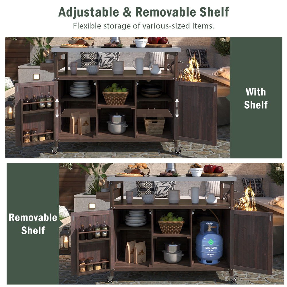 Anmytek Outdoor Kitchen Island Rolling Bar Cart Storage Cabinet Farmhouse Solid Wood Grill Table with Stainless Steel Top Spice Rack Towel Rack for Kitchen Backyard Barbecue Dark Brown