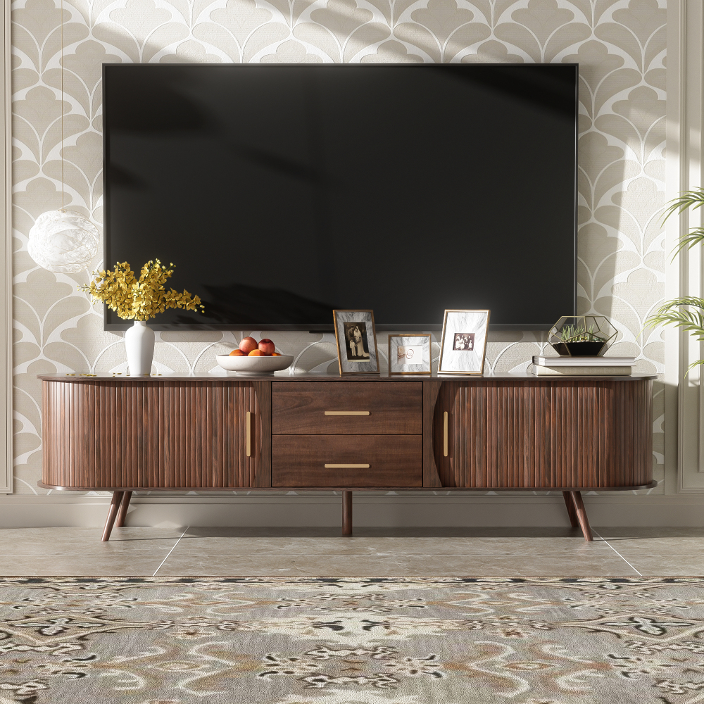 Anmytek Mid Century Modern TV Stand for 80 Inch TV Entertainment Center Media Console Table with 2 Drawers Storage for Living Room Bedroom