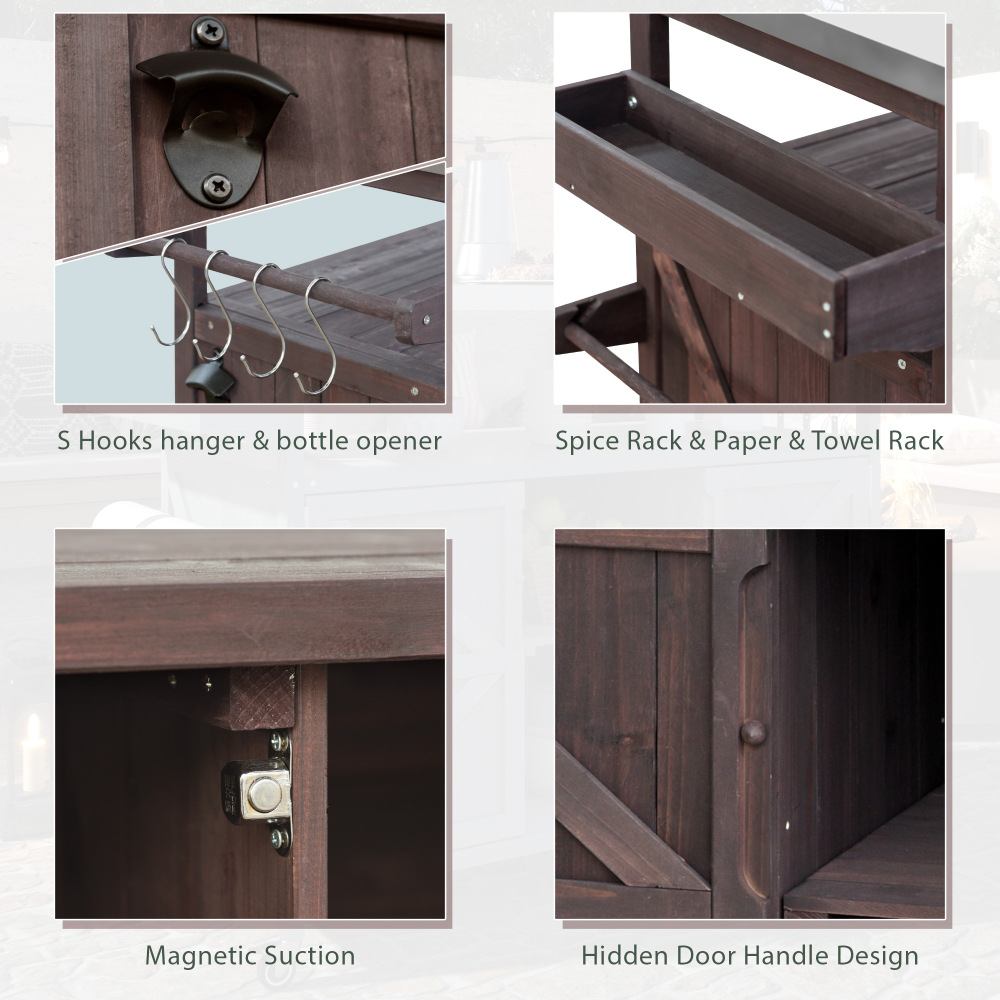 Anmytek Outdoor Kitchen Island Rolling Bar Cart Storage Cabinet Farmhouse Solid Wood Grill Table with Stainless Steel Top Spice Rack Towel Rack for Kitchen Backyard Barbecue Dark Brown