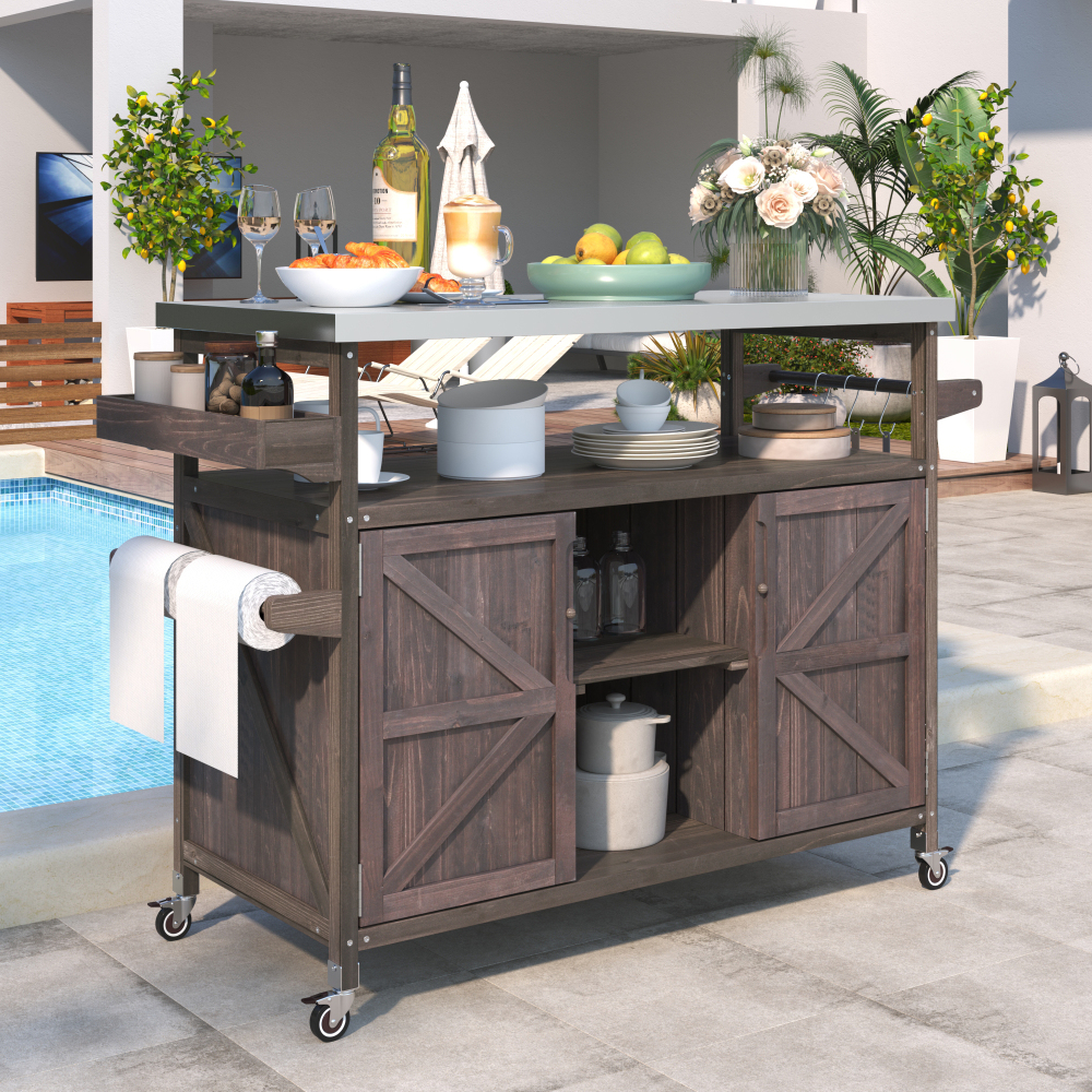 Anmytek Outdoor Kitchen Island Rolling Bar Cart Storage Cabinet Farmhouse Solid Wood Grill Table with Stainless Steel Top Spice Rack Towel Rack for Kitchen Backyard Barbecue Dark Brown