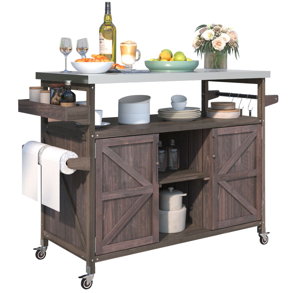 Anmytek Outdoor Kitchen Island Rolling Bar Cart Storage Cabinet Farmhouse Solid Wood Grill Table with Stainless Steel Top Spice Rack Towel Rack for Kitchen Backyard Barbecue Dark Brown