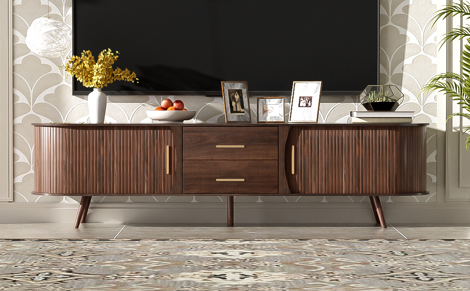 Anmytek Mid Century Modern TV Stand for 80 Inch TV Entertainment Center Media Console Table with 2 Drawers Storage for Living Room Bedroom