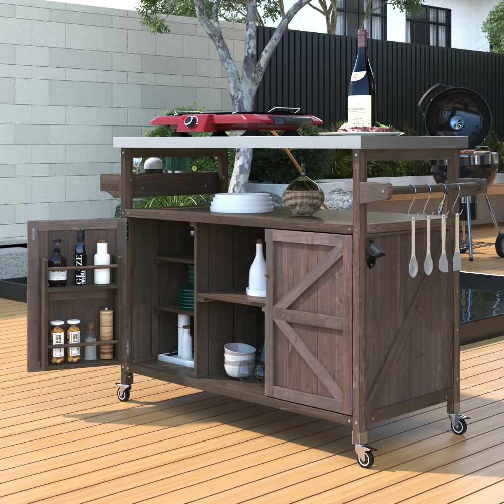 Anmytek Outdoor Kitchen Island Rolling Bar Cart Storage Cabinet Farmhouse Solid Wood Grill Table with Stainless Steel Top Spice Rack Towel Rack for Kitchen Backyard Barbecue Dark Brown