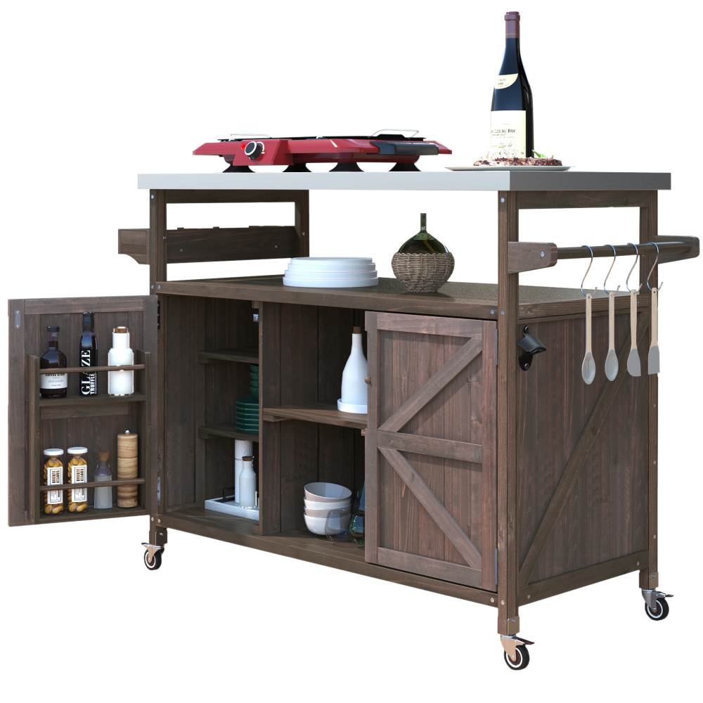 Anmytek Outdoor Kitchen Island Rolling Bar Cart Storage Cabinet Farmhouse Solid Wood Grill Table with Stainless Steel Top Spice Rack Towel Rack for Kitchen Backyard Barbecue Dark Brown