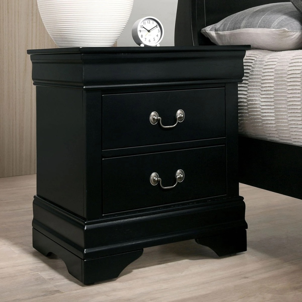Anmytek 1pc Black Louis Philippe Nightstand Solid Wood English Dovetail Construction Antique Nickel Hanging Pulls Classic Bedroom Side End Table