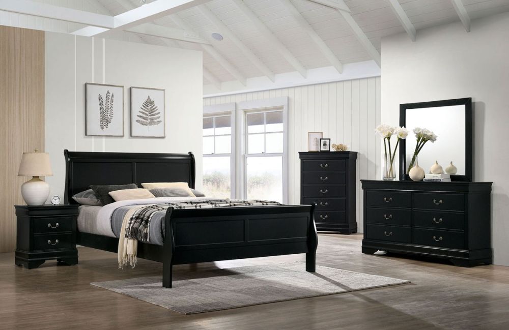 Anmytek 1pc Black Louis Philippe Nightstand Solid Wood English Dovetail Construction Antique Nickel Hanging Pulls Classic Bedroom Side End Table
