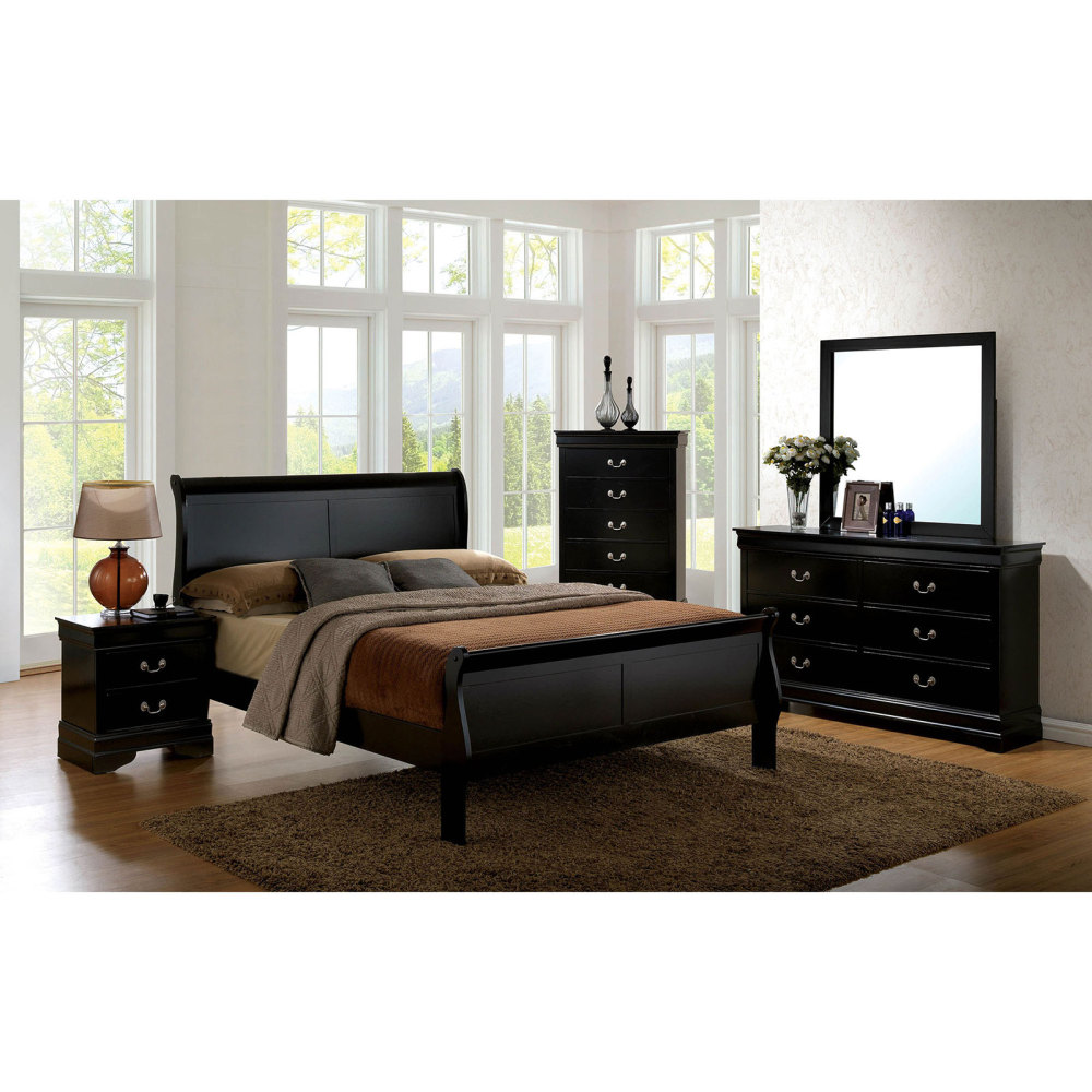 Anmytek 1pc Black Louis Philippe Nightstand Solid Wood English Dovetail Construction Antique Nickel Hanging Pulls Classic Bedroom Side End Table